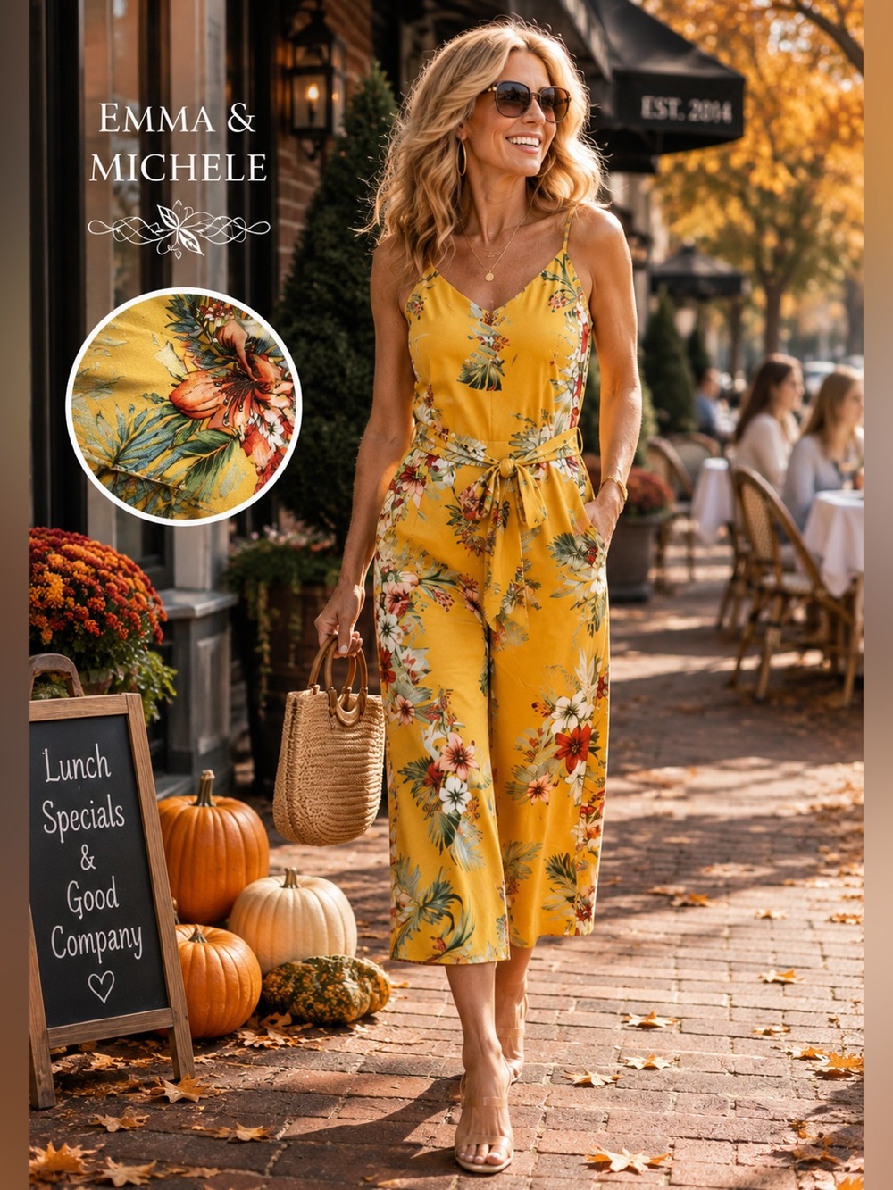 Emma & Michele,Tropical Floral Belted Wide Leg Jumpsuit Resort Vaca,Size Small